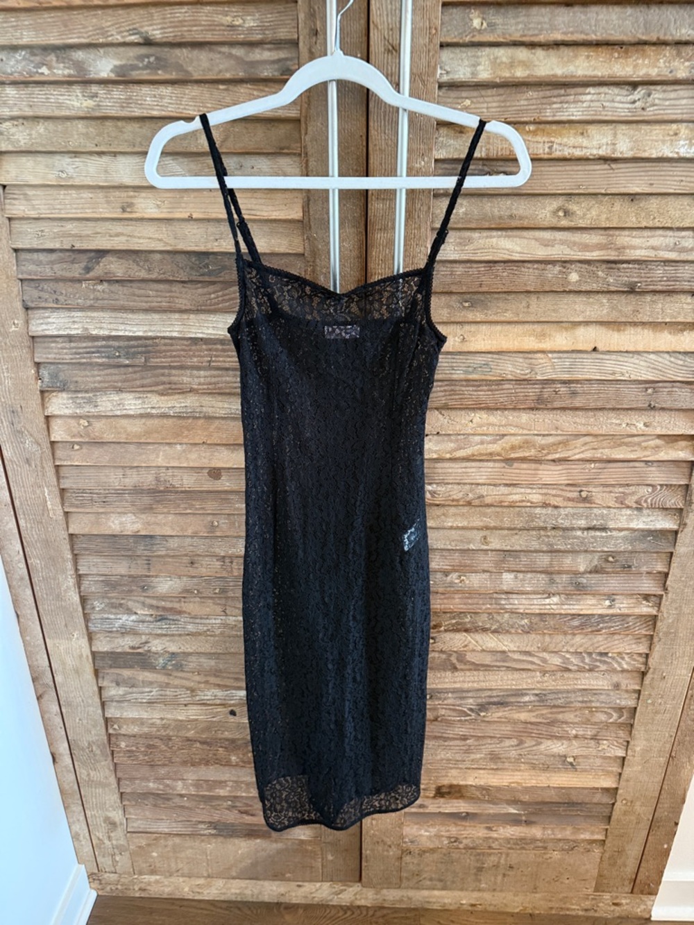 Black Lace Midi Slip Dress with Spaghetti Straps